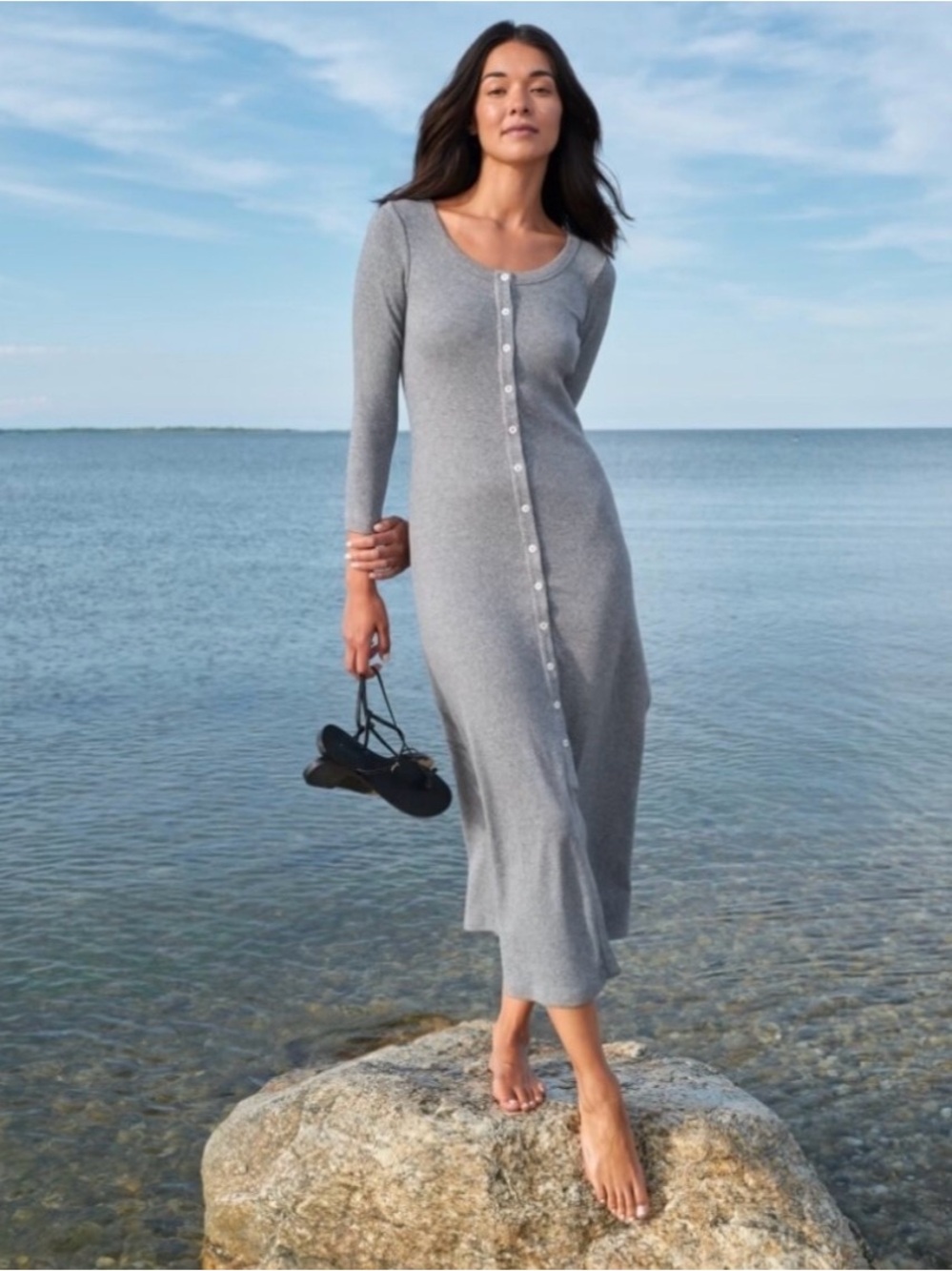 AYR Long-Sleeve Button-Front Ribbed Maxi Dress - BLACK (pic for fit)